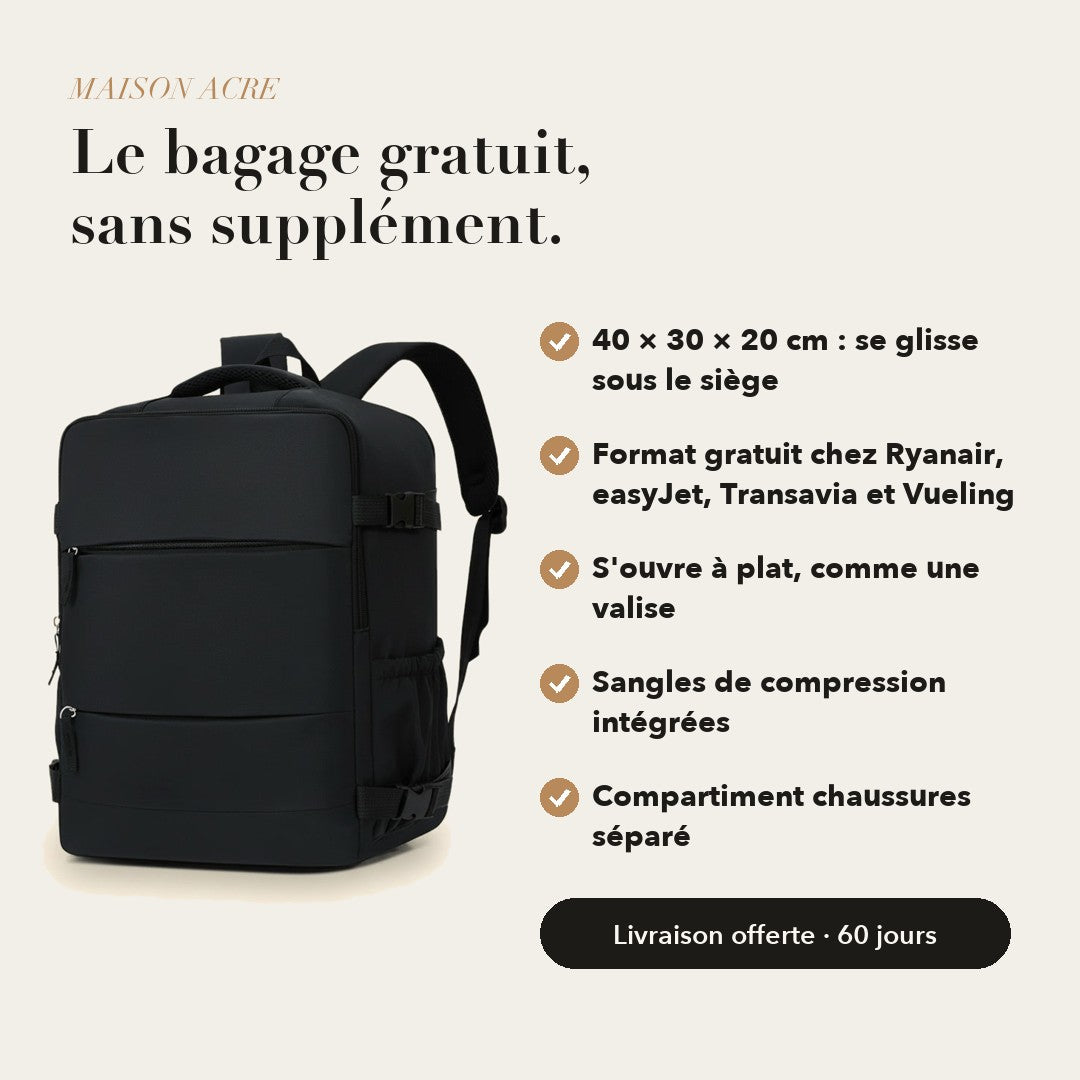 Sac cabine Maison Acre : 40 × 30 × 20 cm, format bagage gratuit, s'ouvre à plat
