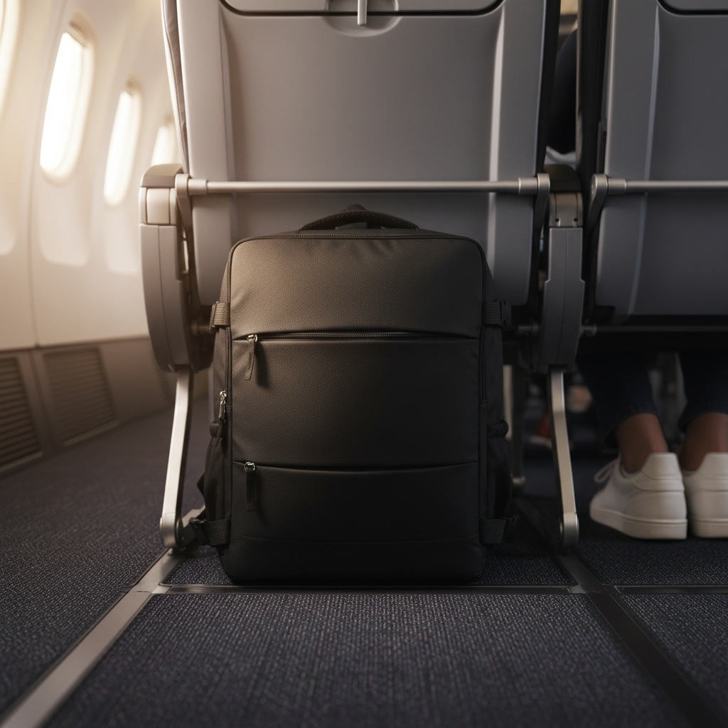 Le sac cabine glissé sous le siège d'avion