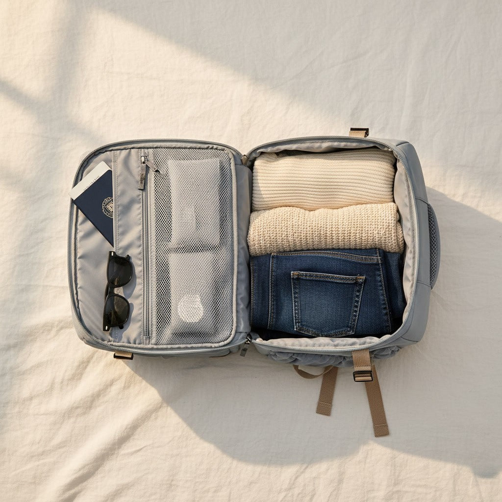 Le sac cabine ouvert à plat comme une valise