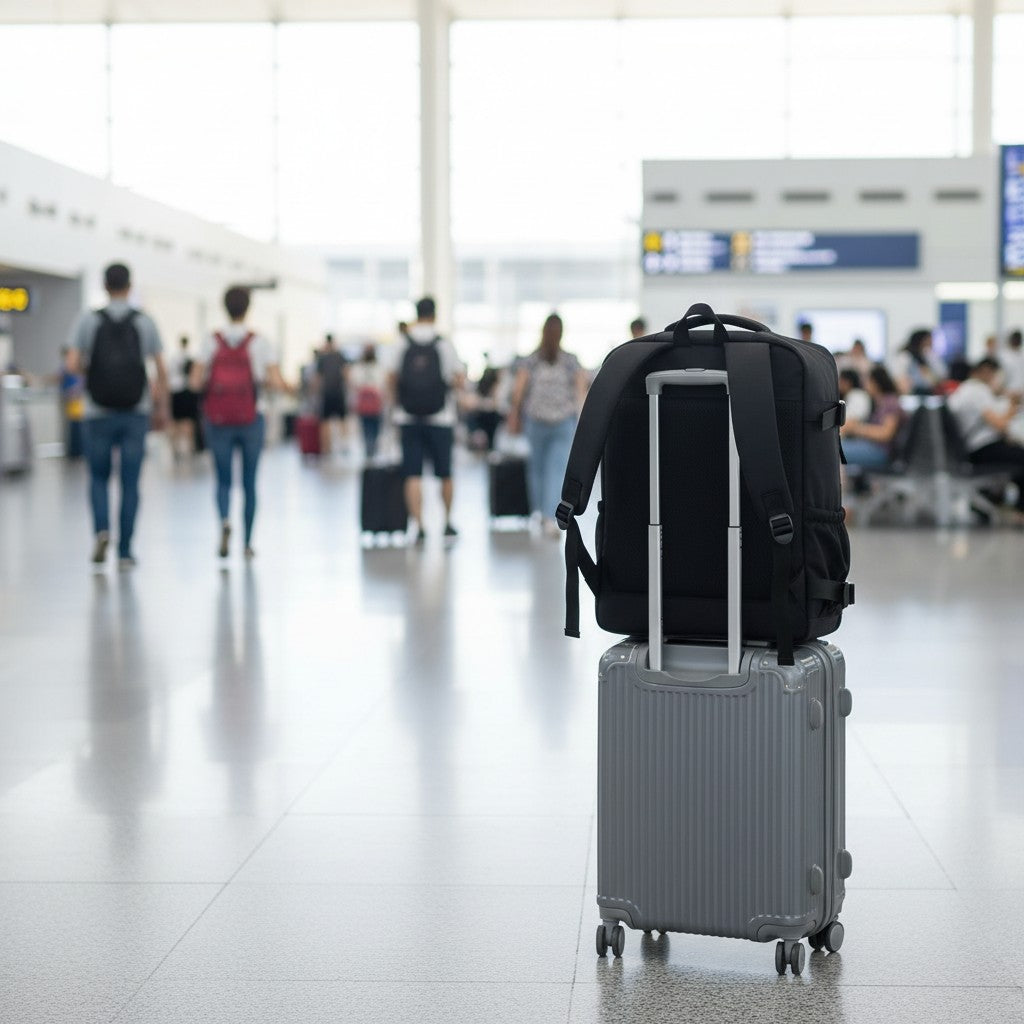 Le sac cabine fixé sur la poignée d'une valise