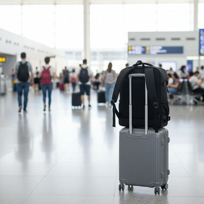 Le sac cabine fixé sur la poignée d'une valise