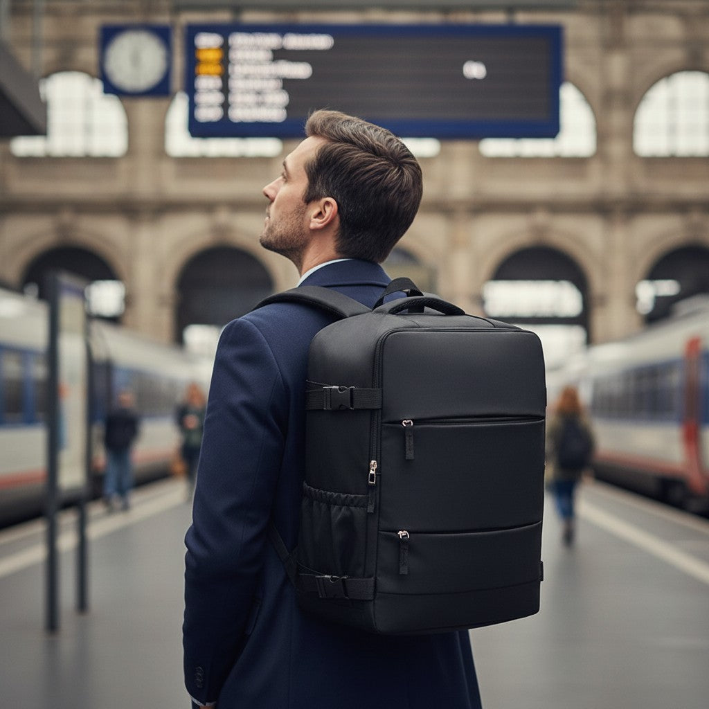 Voyageur en gare avec le sac cabine noir