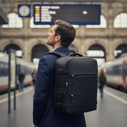 Voyageur en gare avec le sac cabine noir
